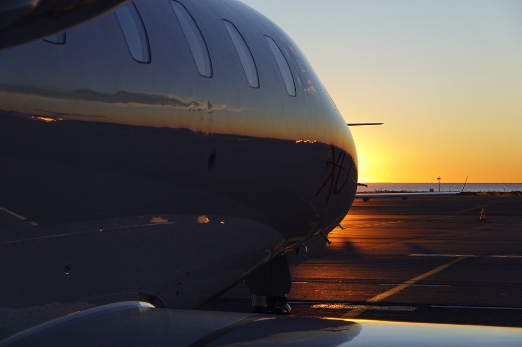 Jet fuselage at sunset